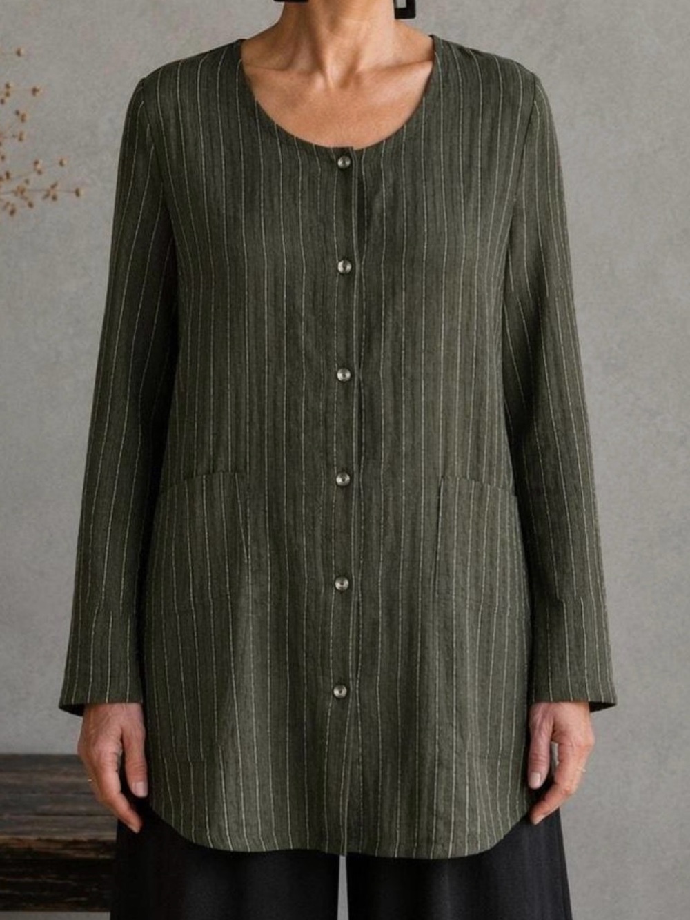 Pure Jill Linen Olive Green Striped Button-Down Quarter Sleeve Flowy Tunic Top